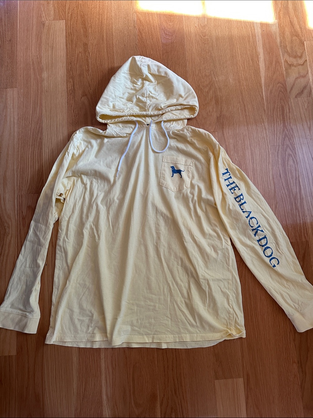 The Black Dog Men’s Pale Yellow Hooded Long-Sleeve Tee with Blue Logo